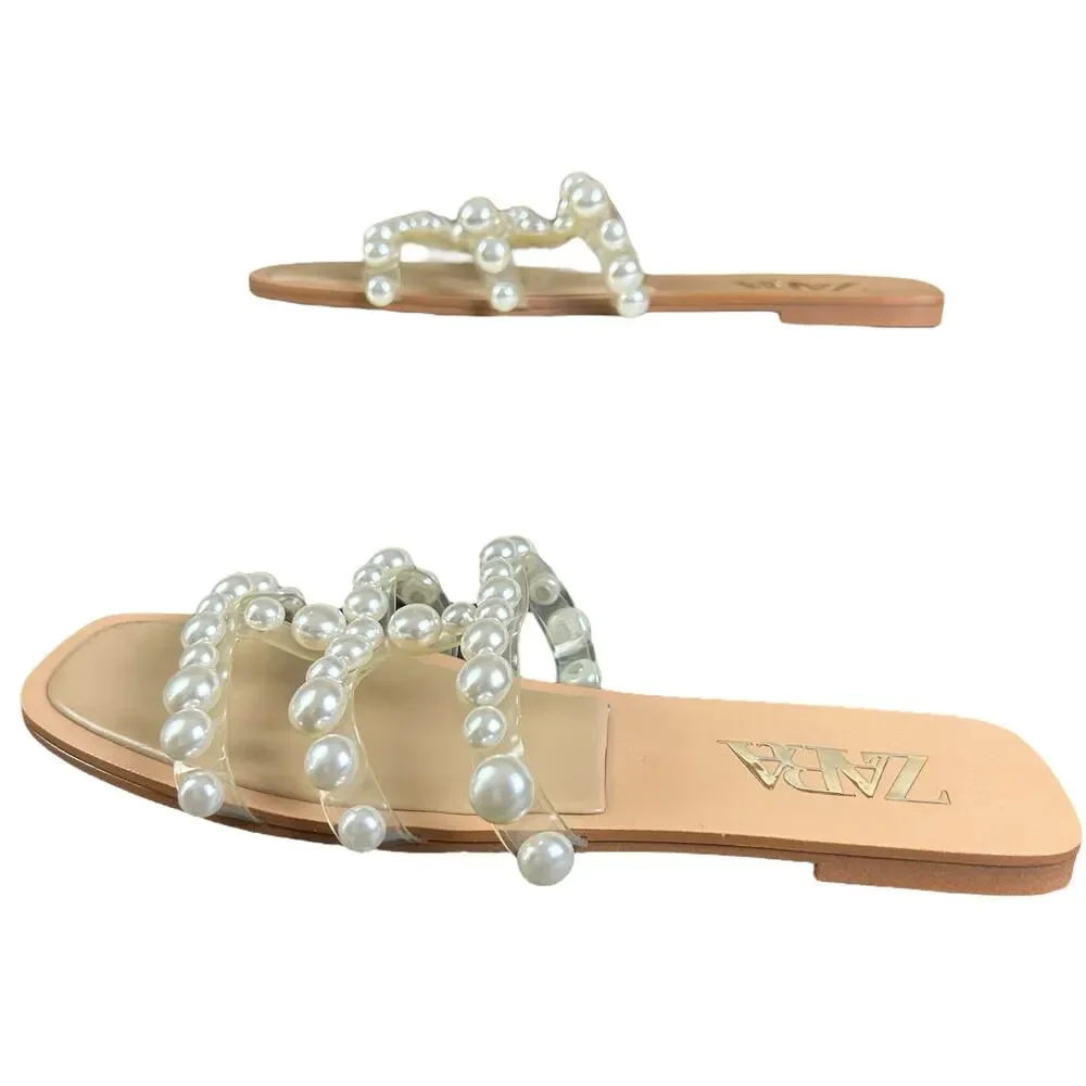 Zara Sandals Women Sz 40 (US 9) Clear Strap Pearl Embellished Coastal Slide Flat - Picture 7 of 9